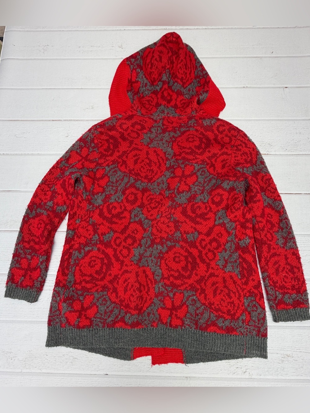 Anthropologie Maraschino Floral by Sparrow Oversized Red Floral Hooded Sweater - Picture 8 of 12